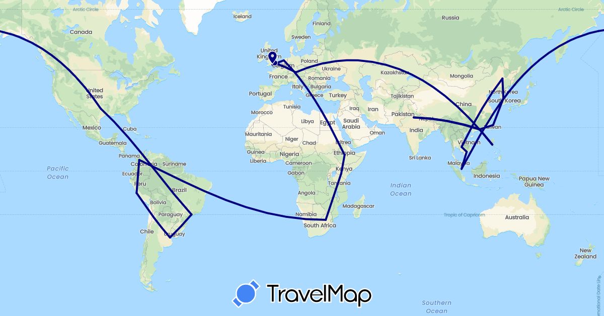 TravelMap itinerary: driving in Argentina, Brazil, China, Colombia, Germany, Ethiopia, United Kingdom, India, Kenya, Cambodia, South Korea, Netherlands, Peru, Philippines, Singapore, Taiwan, United States, Vietnam, South Africa (Africa, Asia, Europe, North America, South America)